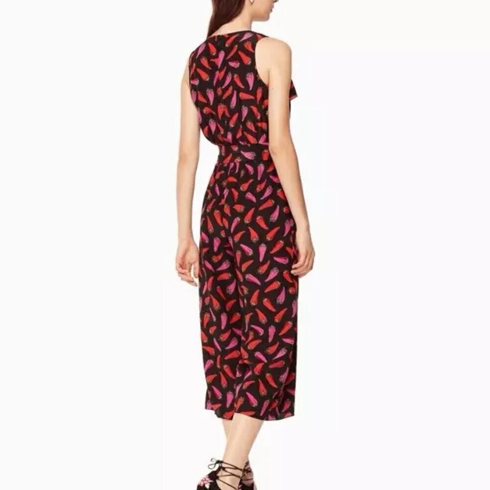 Kate Spade Silk Jumpsuit Size 0 Hot Pepper Print Cropped Black Multicolor - Picture 2 of 12